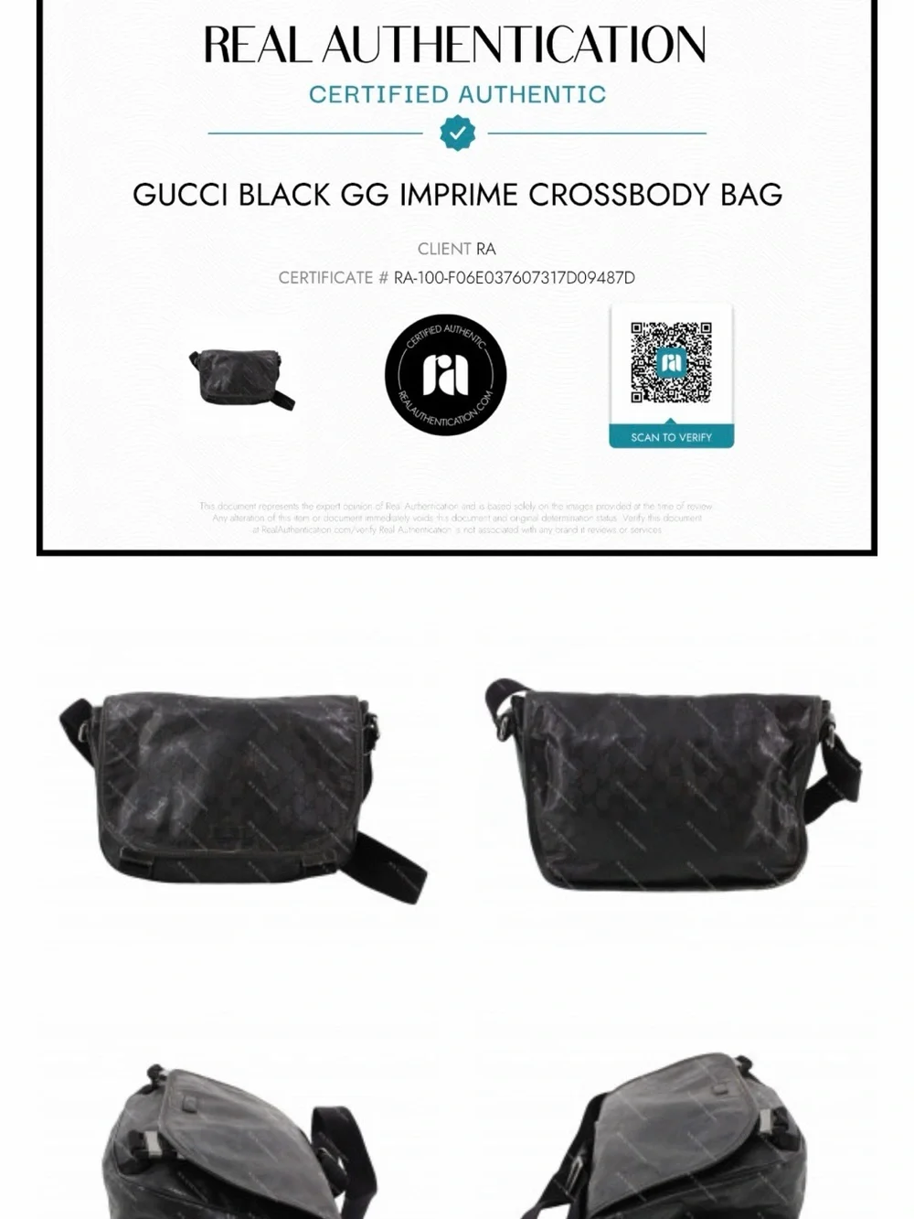 Gucci GG Imprimé Black Messenger Crossbody Bag 201732 + COA
